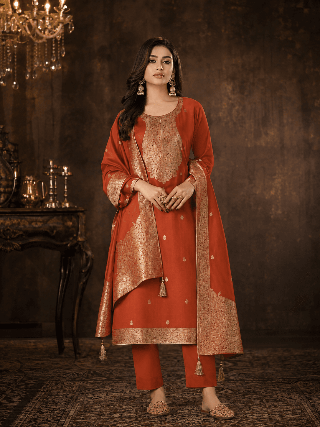 Burnt Rust Orange Silk Katan Unstitched Three Piece