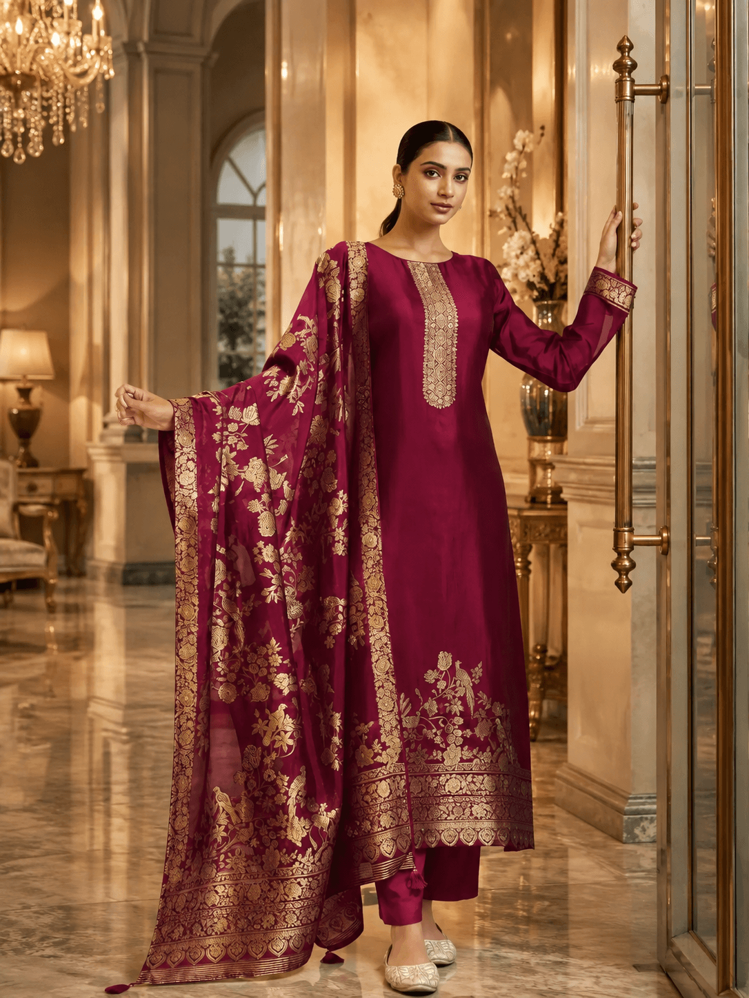 Red Wine Silk Katan Unstitched Three Piece
