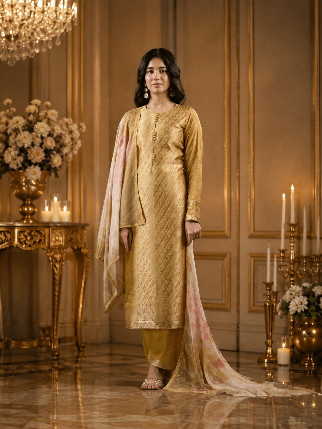 Antique Gold Viscose Silk Katan Unstitched Three Piece