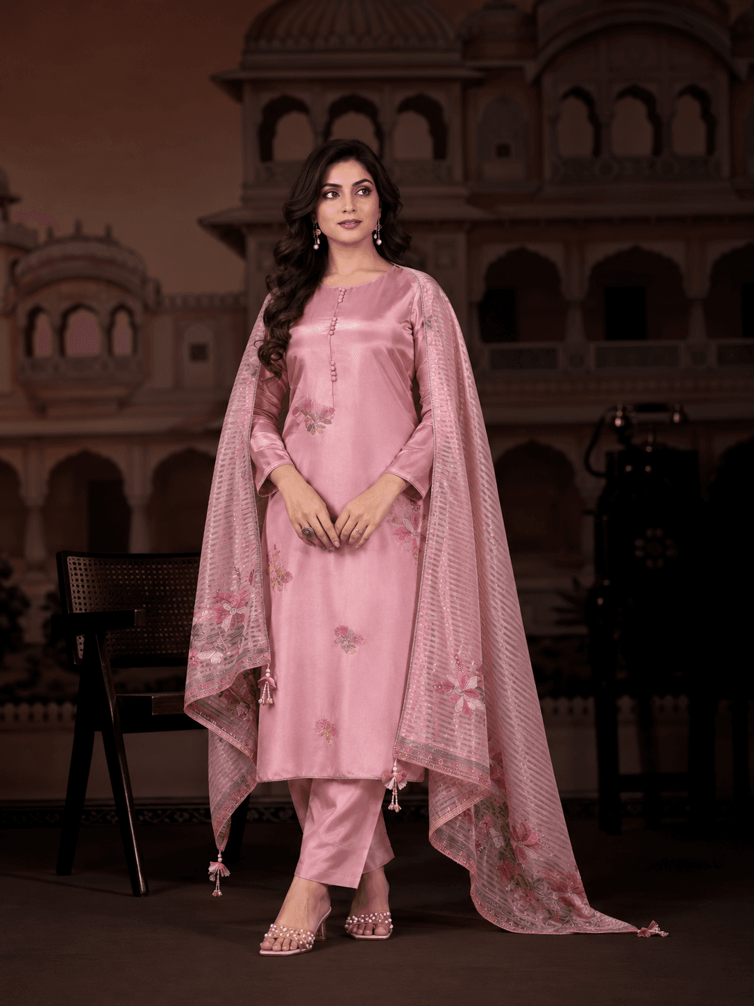 Muted Blush Pink Luminous Shimmer Silk Unstitched Three Piece